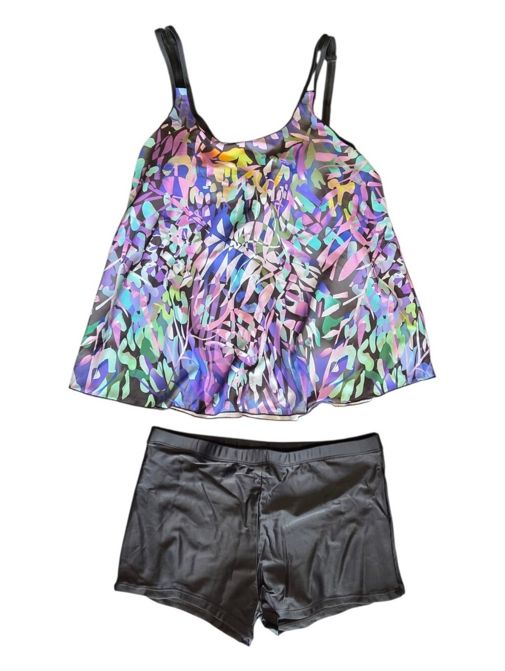 Multicolor Babydoll Tankini Top with Black Swim Shorts Size Large
